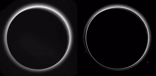 Bức ảnh được chụp từ New Horizons vào ngày 14/7 ở vị trí có độ cao lên tới 80.000km. Bức ảnh chụp theo hai cách khác nhau cho thấy độ sáng, lượng khói bụi trong bầu khí quyển của Sao Diêm Vương đã tạo ra những ánh sáng lờ mờ trên bề mặt trước khi được mặt trời chiếu sáng và lại chìm vào bóng tối.