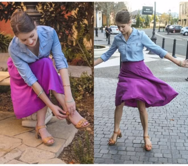 Màu tím mix cùng áo sơ mi denim cho cô nàng lãng mạn.