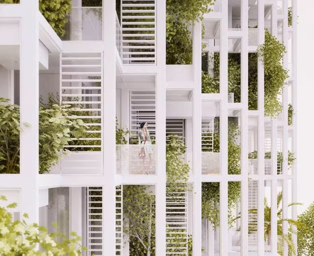 Với việc sử dụng các hệ thống mô-đun tùy chỉnh cho mặt tiền, lưới cấu trúc và cơ sở hạ tầng là những yếu tố không đổi. Mỗi căn hộ đều bao gồm vườn treo và lan can bằng kính. Người dân sẽ có thể tạo ra phong cách riêng cho căn hộ của mình bằng cách chọn tùy chọn loại vật liệu hay các chi tiết mặt tiền và cây trồng.