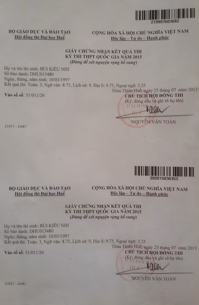 Phiếu báo điểm thi của Nhi tại Hội đồng thi Đại học Huế. Ảnh: Văn Được.