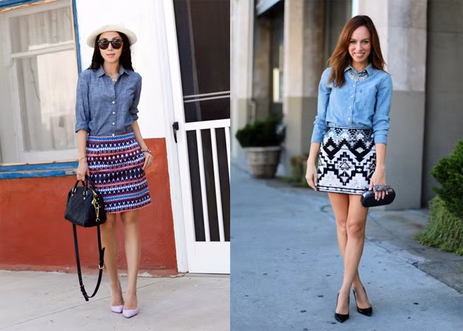 Hoặc với chân váy sọc ngang họa tiết graphic trừu tượng.