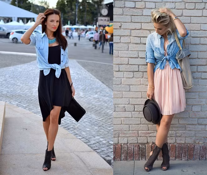 Buộc hờ vạt áo để tạo nét phóng khoáng, trẻ trung hơn cho váy đầm nữ tính.