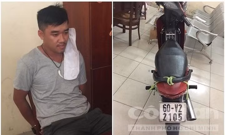 Báo Tuổi Trẻ thông tin, khoảng 15h ngày 16/11, tổ công tác Đội hình sự đặc nhiệm hướng Nam do đại uý Nguyễn Thế Tiến trực tiếp chỉ huy, phát hiện Hoàng điều khiển xe máy trên địa bàn quận Bình Tân. Trong ảnh: Đối tượng Hoàng cùng chiếc xe máy tang vật (Ảnh: Công an TPHCM)