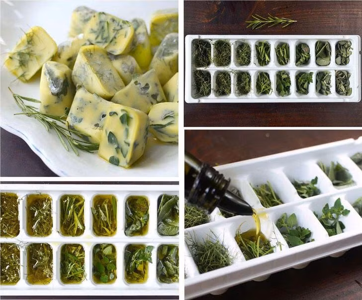 Đừng vội vứt rau đang úa vàng, hãy cho vào khay đá và một chút dầu ô liu để dùng dần bạn nhé.