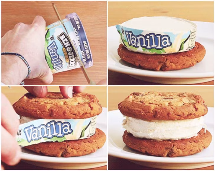 Dùng dao hơ nóng có thể cắt kem thành từng khúc dễ dàng, vậy là bạn đã có món bánh kẹp kem ngon miệng.