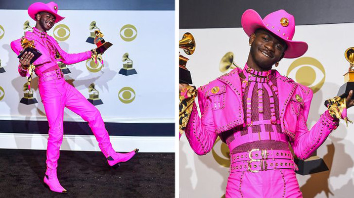 Rapper người Mỹ Lil Nas X gây ấn tượng với trang phục cao bồi màu hường từ đầu tới chân.