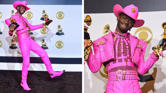 Rapper người Mỹ Lil Nas X gây ấn tượng với trang phục cao bồi màu hường từ đầu tới chân.
