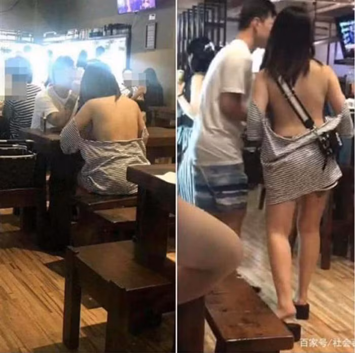 Nếu như những cô gái trên bị chê kém sang vì đoảng nết thì cô nàng này lại nhận cơn mưa chỉ trích khi vô tư trễ nải lộ hết lưng, thậm chí không hề mặc đồ bảo hộ bên trong khi ăn nhà hàng.