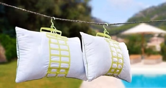 Thường xuyên phơi ruột gối và vỏ gối dưới ánh nắng để tiêu diệt vi khuẩn, nấm mốc và khử mùi hôi. Việc này vô cùng quan trọng bởi những vết bẩn trên ruột gối thường không nhìn thấy, nhưng nếu để lâu các vết bẩn có thể gây nấm mốc và ảnh hưởng xấu đến sức khỏe người dùng. Ảnh: Internet.