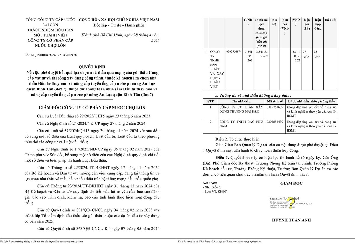 Cap nuoc Cho Lon chon Cty Nhan Viet thi cong tuyen ong phuong An Lac