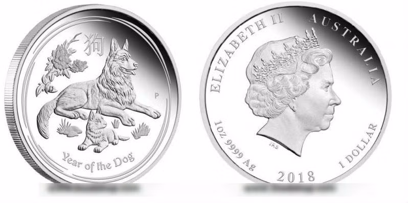 Tiền Xu Bạc Úc Hình Con Chó 2018 được phát hành với mệnh giá 1 Dollar, với hình ảnh chú chó đang ngồi bên cạnh một chú chó con, cùng hình ảnh hoa mẫu đơn cách đệu, loại hoa biểu tượng của sự thịnh vượng, phồn vinh và phú quý. Đi kèm là ký tự tiếng Hoa nghĩa là "Tuất" cùng dòng chữ "Year of the Dog". Mặt sau là chân dung nữ hoàng Elizabeth II, được chạm khắc 3D tinh sảo, cùng công nghệ mạ tráng gương giúp đồng xu lấp lánh dưới ánh sáng. Loại tiền này được bán với giá khoảng 150.000 VNĐ