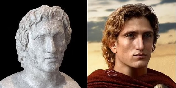 Thông qua tranh vẽ và tượng cổ, Nhà thiết kế đồ họa Becca đã phục dựng gương mặt hiện đại của những nhân vật nổi tiếng lịch sử khiến công chúng bất ngờ, thích thú. Trong ảnh là gương mặt hiện đại của Alexander Đại đế (phải ảnh) của vương quốc Macedonia.