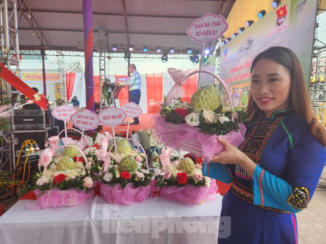 Sáng 19/8, chương trình Quảng bá, tiêu thụ na và các sản phẩm OCOP được tổ chức ở huyện Chi Lăng, tỉnh Lạng Sơn. Trong khuôn khổ sự kiện, 9 quả na to, đẹp nhất được bán đấu giá với tổng số tiền là trên 800 triệu đồng. Trong số này, quả na được chốt giá thấp nhất là 20 triệu đồng và quả na có giá cao nhất lên tới 220 triệu đồng. Ảnh: Tiền phong.