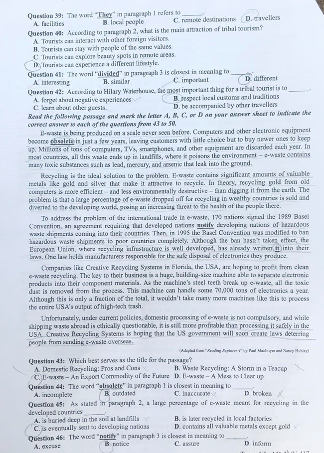 Mã đề thi 417 môn tiếng Anh kỳ thi THPT quốc gia 2019.