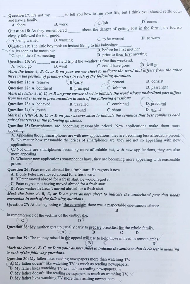 Mã đề thi 417 môn tiếng Anh kỳ thi THPT quốc gia 2019.