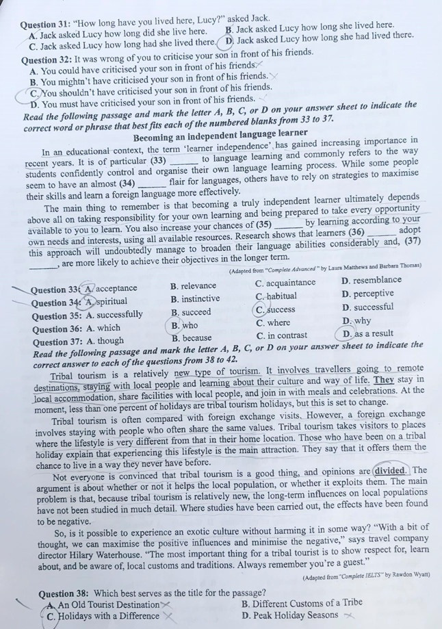 Mã đề thi 417 môn tiếng Anh kỳ thi THPT quốc gia 2019.