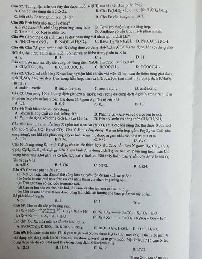 Đề thi môn Hóa học - mã đề 217 - trang 2.