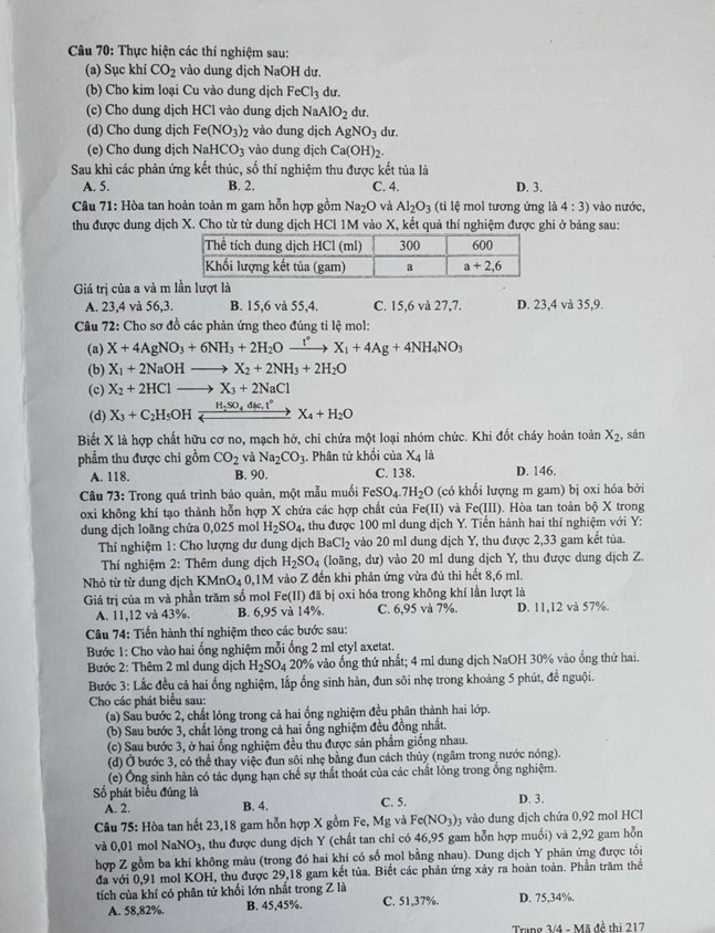 Đề thi môn Hóa học - mã đề 217 - trang 3.