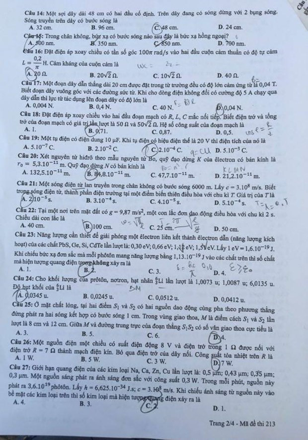 Đề thi môn Vật lý - mã đề 213 - trang 2.