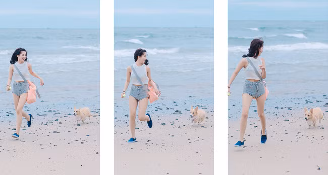 Cô chủ nhỏ và người bạn của mình vui đùa bên bãi biển.