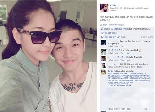 Tương tự Quỳnh Anh Shyn - B Trần, sau một thời gian chia tay, Chi Pu hội ngộ Cường Seven trong một dự án phim. Bức ảnh chụp chung của cặp đôi được hot girl Hà thành chia sẻ trên Facebook đập tan nhiều đồn đoán của dân mạng về câu chuyện hậu chia tay. Ảnh chụp màn hình.