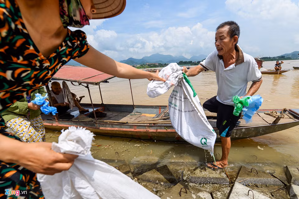 Tranh thủ lúc cá đang ngộp nước, anh Hưng bán “tháo” cá trắm đen từ 300.000 đồng xuống 150.000 đồng/kg, cá nheo từ 130.000 đồng xuống 60.000 đồng/kg.