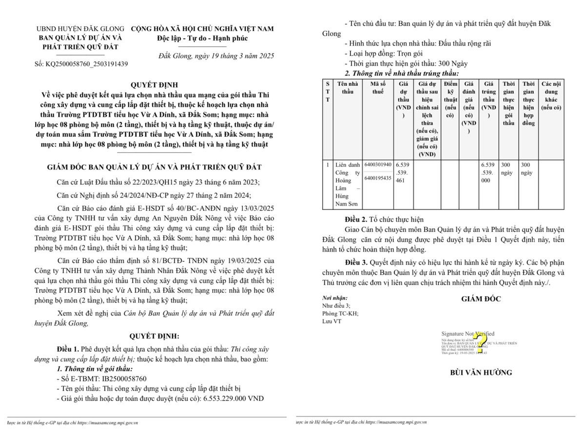 Dak Nong: Nha thau nao trung goi xay lap Truong tieu hoc Vu A Dinh