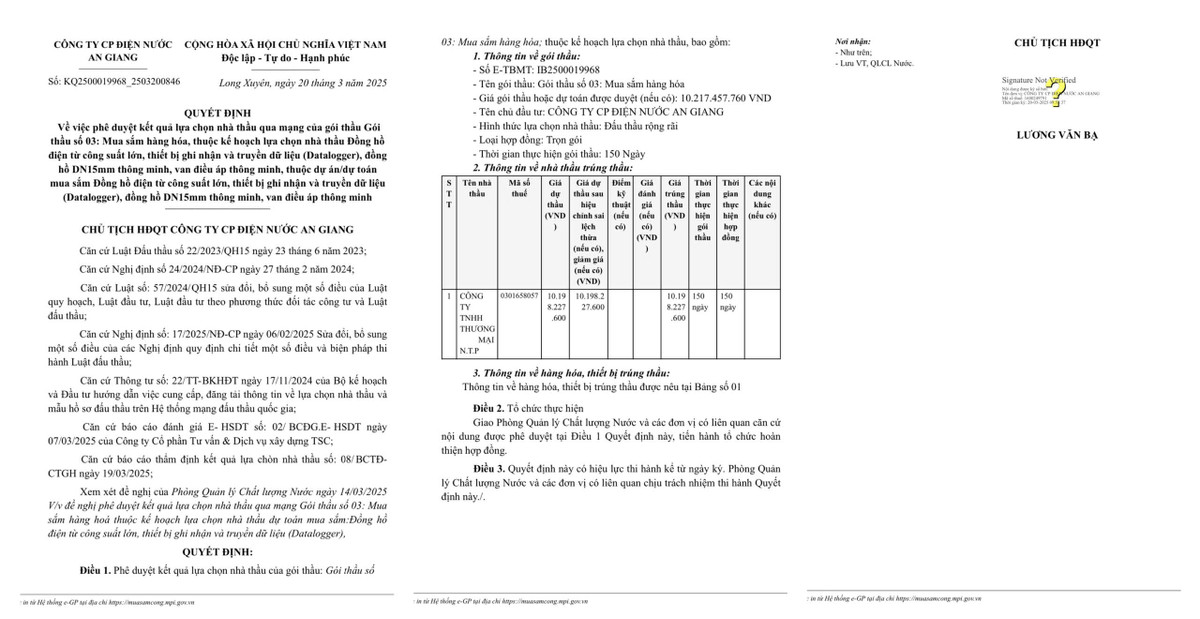 Điện Nước An Giang: Gói thầu mua đồng hồ nước hơn 10 tỷ về tay ai? Dien Nuoc An Giang: Goi thau mua dong ho nuoc hon 10 ty ve tay ai?