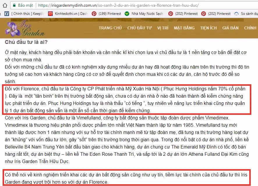 Nhận định về chủ đầu tư của 2 dự án. Ảnh chụp màn hình: irisgardenmydinh.com.vn.