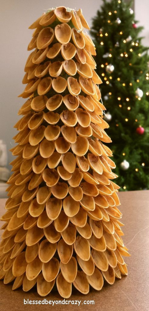 Cách làm vô cùng đơn giản, chỉ cần cắt sử dụng súng bắn keo gắn lần lượt vỏ hạt dẻ cười đã rửa sạch theo khối xốp có sẵn bạn sẽ có cây thông trang trí nhà cho mùa giáng sinh. Ảnh: Anna {Blessed Beyond Crazy}.