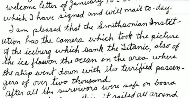 Một phần lá thư mà Bernice Palmer viết gửi cho Smithsonian kể về thảm kịch chìm tàu Titanic gây chấn động thế giới.