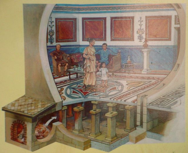 Lò hypocaust được người La Mã xây dựng bên dưới sàn nhà.