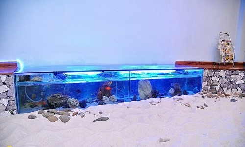 Nằm ở tầng 2 của một quán cà phê ở quận 3, căn phòng có diện tích khoảng 50 m2 được thiết kế thành một bãi biển nhân tạo. Dưới nền phủ đầy cát.