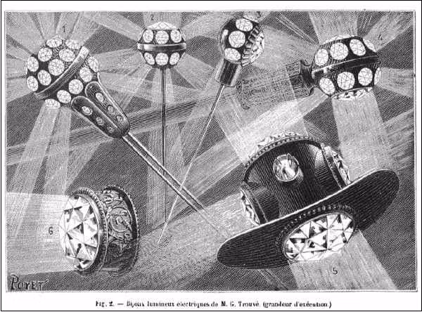 Trang sức điện là phát minh vô cùng sáng tạo nhưng cũng khá nguy hiểm của người Anh thời xưa. Theo đó, người ta nảy ra ý tưởng tạo ra loại trang sức được gắn đèn điện. Và mỗi khi bật sáng, ánh đèn sẽ chiếu qua các viên ngọc hay kim cương.