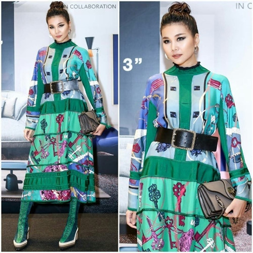 Nói về túi hiệu, sẽ thiếu sót nếu bỏ qua Thanh Hằng. ''Mẹ chồng'' sở hữu rất nhiều mẫu túi xa xỉ thuộc nhiều thương hiệu khác nhau. Tham gia một sự kiện, cô diện cả một set đồ lấy gam xanh lá làm chủ đạo đầy ấn tượng và nổi bật. Phụ kiện mà cô lựa chọn kèm theo là túi xách của thương hiệu Botte Gaveneta trị giá 4.410 USD (tương đương 100 triệu VND).