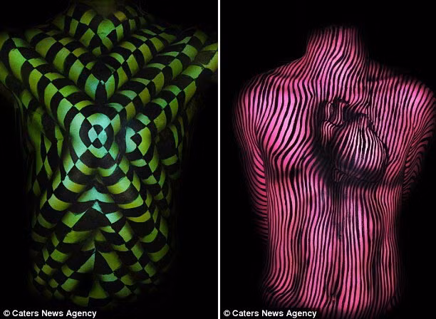 Trong các bức tranh khác, Natalie tạo ra những hình ống lập thể (trái) và trái tim dường như chui ra khỏi ngực người mẫu (phải).