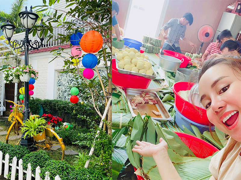 Vy Oanh trang trí sân vườn và biệt thự dịp Tết Nguyên đán đến gần 10 ngày vẫn chưa hoàn thành. Ngoài ra, nữ ca sĩ còn huy động người hỗ trợ gói bánh chưng.