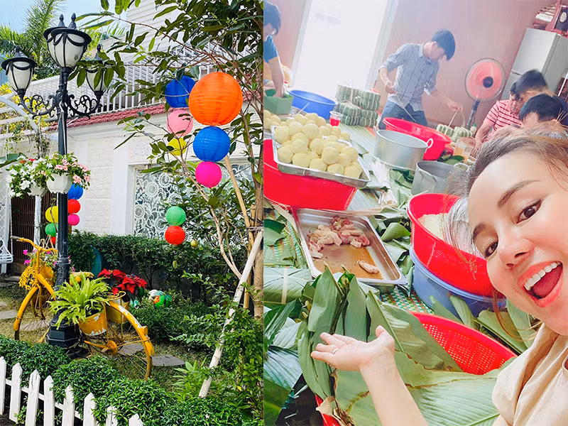 Vy Oanh trang trí sân vườn và biệt thự dịp Tết Nguyên đán đến gần 10 ngày vẫn chưa hoàn thành. Ngoài ra, nữ ca sĩ còn huy động người hỗ trợ gói bánh chưng.