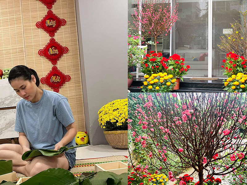 Thân Thúy Hà khoe tổ ấm ngập tràn không khí Tết với rất nhiều hoa tươi. Trước Tết, cô còn gói bánh chưng.