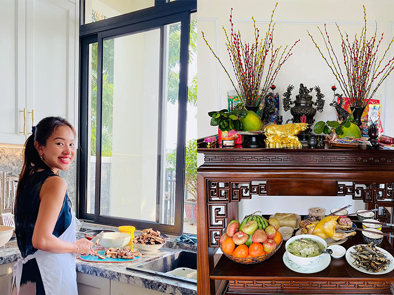 Dù bận rộn, MC Vân Hugo vẫn dành thời gian làm mâm cỗ cúng ông Công ông Táo thật tươm tất.