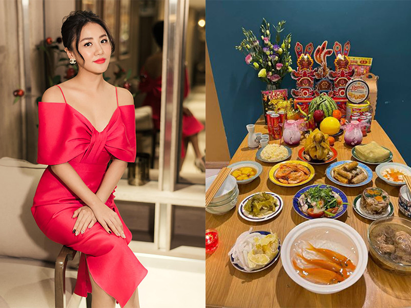 Văn Mai Hương nhận được nhiều lời khen ngợi khi chuẩn bị mâm cỗ cúng ông Công ông Táo đầy đặn đẹp mắt.