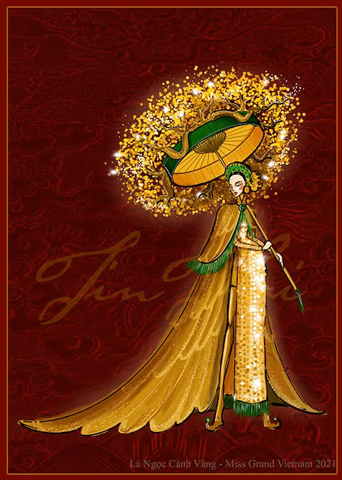 Bộ cánh thứ hai được thiết kế dựa trên ý tưởng từ văn hóa cung triều Huế với phần thân áo dài được đính kết toàn bộ bằng gương tượng trưng cho cốt cách vàng rồng của phụ nữ Việt.