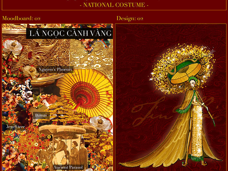 Phần áo choàng được thêu và đính theo hình dáng cánh phụng thời Nguyễn. Phần lọng che được cách điệu, bớt đi vẻ cứng nhắc bằng sự bung toả, xum xuê của những cành vàng lá ngọc bên trên.