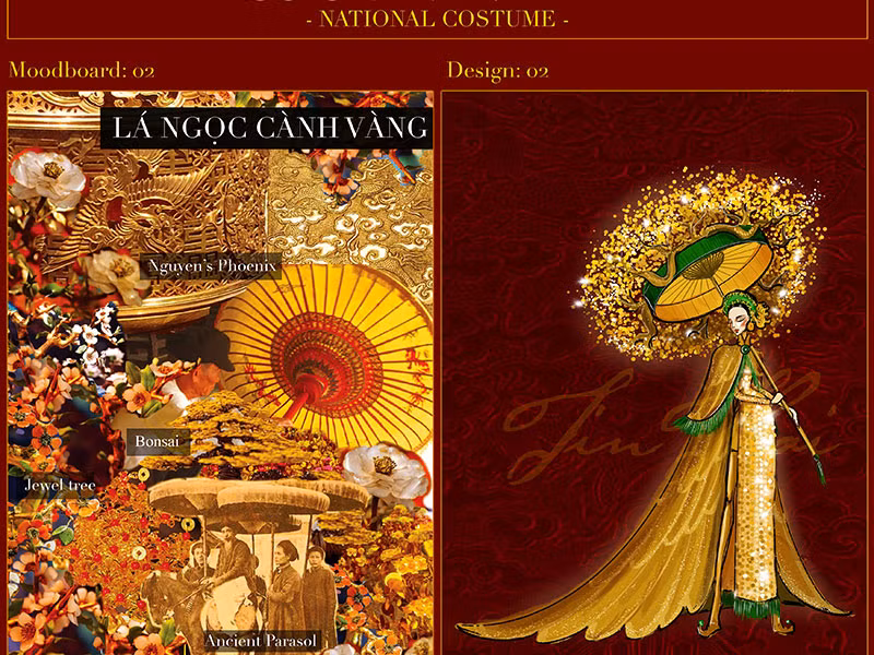 Phần áo choàng được thêu và đính theo hình dáng cánh phụng thời Nguyễn. Phần lọng che được cách điệu, bớt đi vẻ cứng nhắc bằng sự bung toả, xum xuê của những cành vàng lá ngọc bên trên.