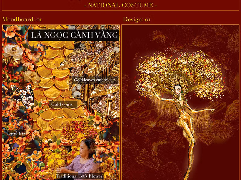 Theo như nét phác họa của NTK Tín Thái, thiết kế đầu tiên có phần thân làm theo dạng bodysuit tôn dáng. Bộ trang phục được đính kết tỉ mỉ bởi hàng trăm mảnh gương phản chiếu. Điểm nhấn của bản vẽ nằm ở phần cánh được cách điệu thành dáng bonsai.