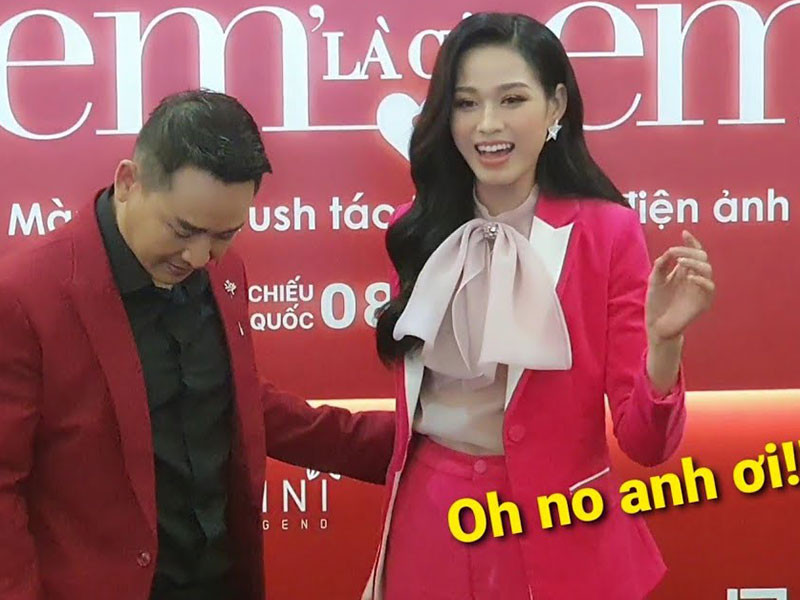 Đỗ Thị Hà cũng phản ứng tương tự khi Hứa Vĩ Văn có hành động như muốn ôm eo chụp ảnh tại buổi ra mắt phim điện ảnh. Ảnh: Saigon daily