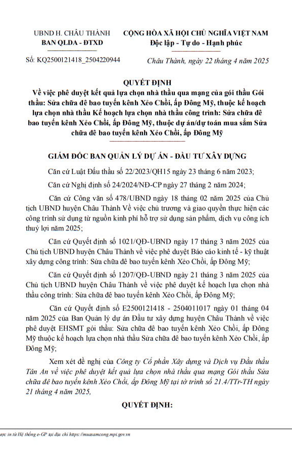 Hau Giang: Cong ty Thanh Bao mot ngay trung 2 goi thau xay lap