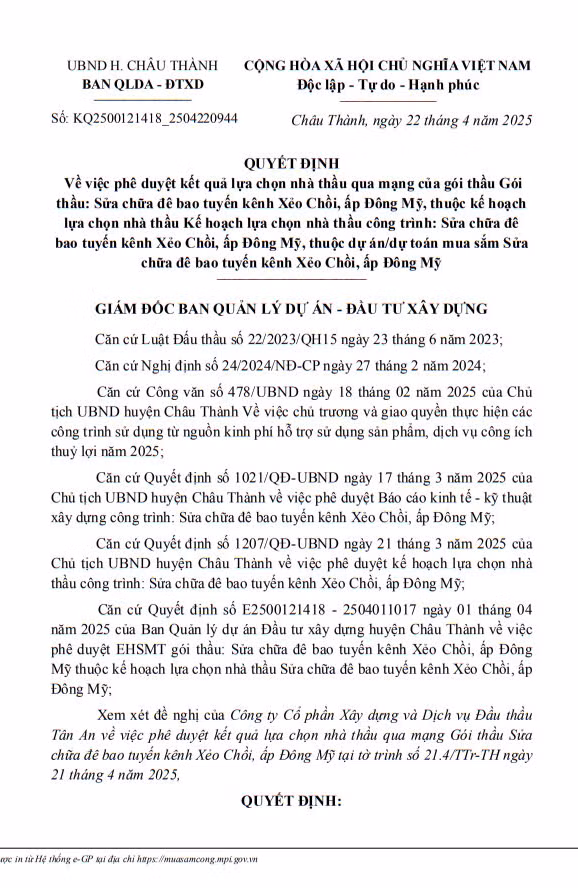 Hau Giang: Cong ty Thanh Bao mot ngay trung 2 goi thau xay lap