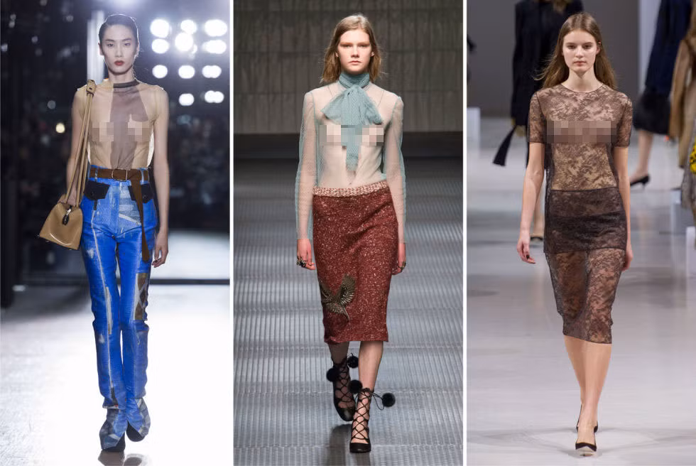 Những chiếc áo trong suốt lộ ngực trần này hẳn chỉ sản xuất để trình diễn trên sàn.