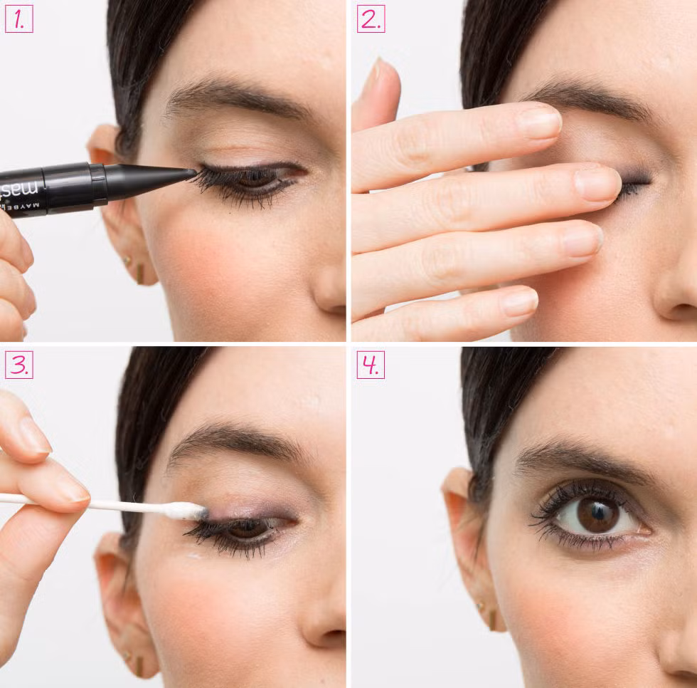 Cách đánh mắt khói đơn giản. Đầu tiên, hãy kẻ đường viền mắt bằng chì, sau đó dùng tay hoặc tăm bông tán đều lên phần bóng mắt để tạo hiệu ứng khói.